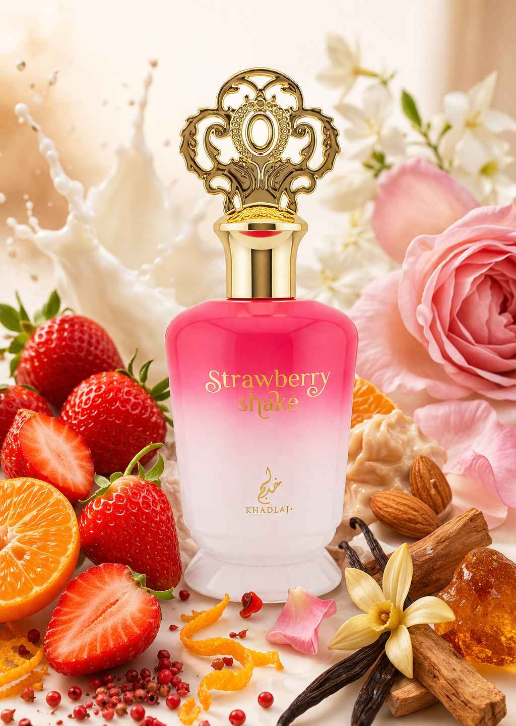 Khadlaj Strawberry Shake composición con fresas y elementos dulces en ambiente natural