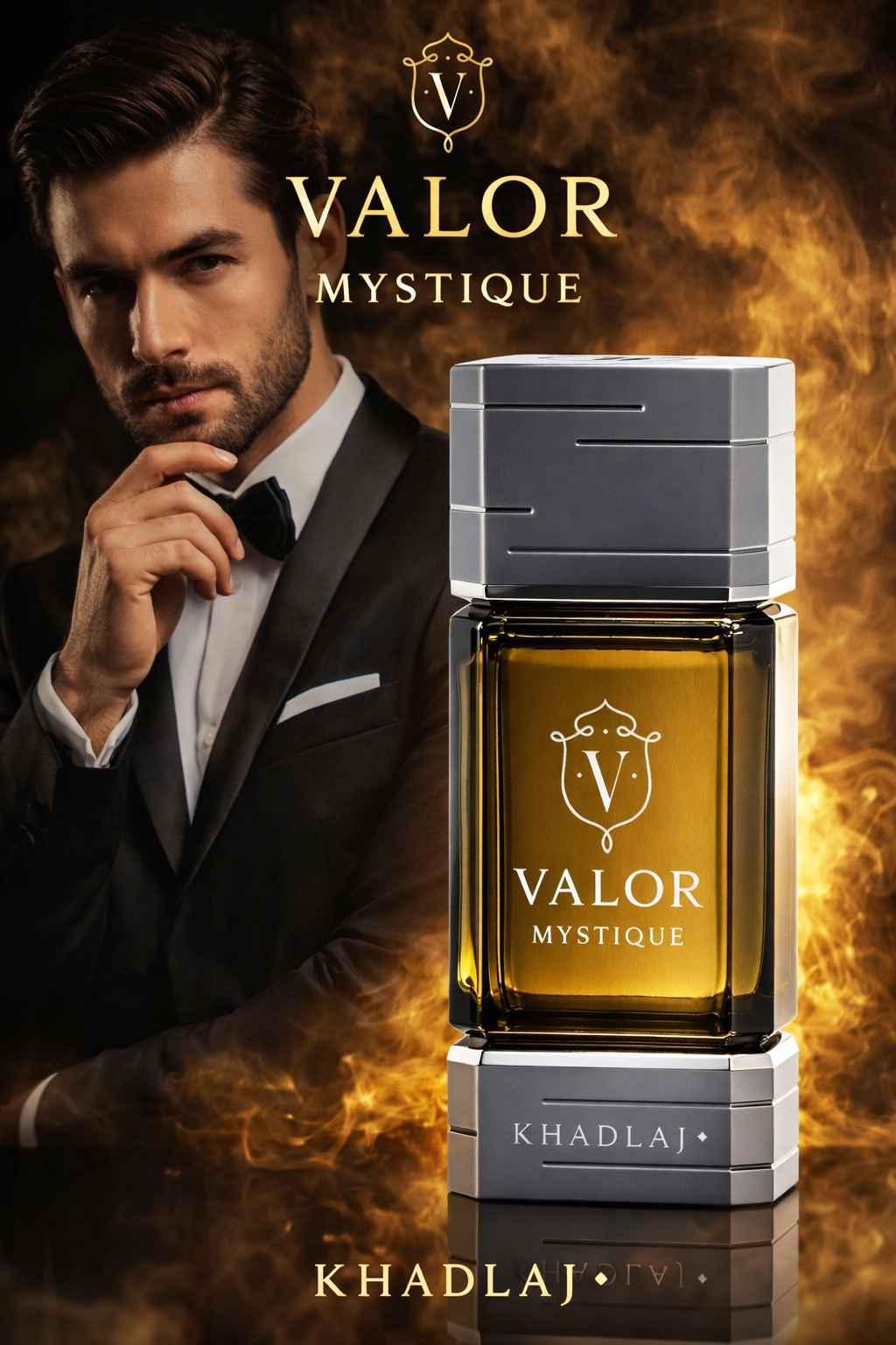 Imagen publicitaria Khadlaj Valor Mystique con modelo elegante vestida formal