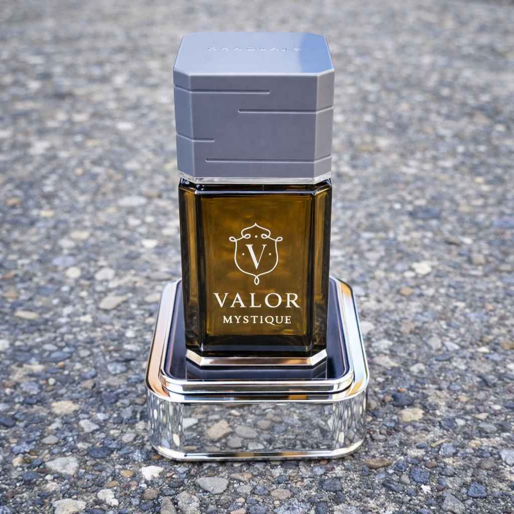 Perfume Valor Mystique sobre mesa con caja abierta