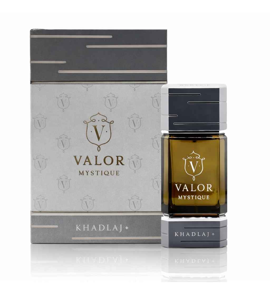 Frasco Khadlaj Valor Mystique con caja original en imagen tipo catálogo
