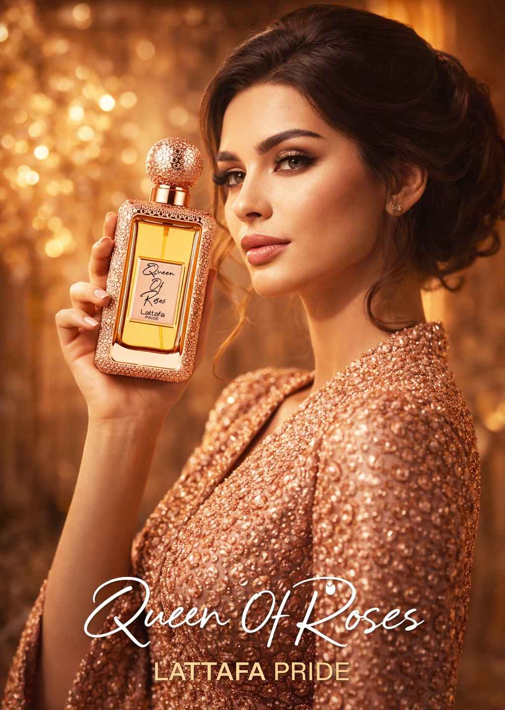 Lattafa Queen of Roses perfume junto a modelo en ambiente elegante tipo anuncio