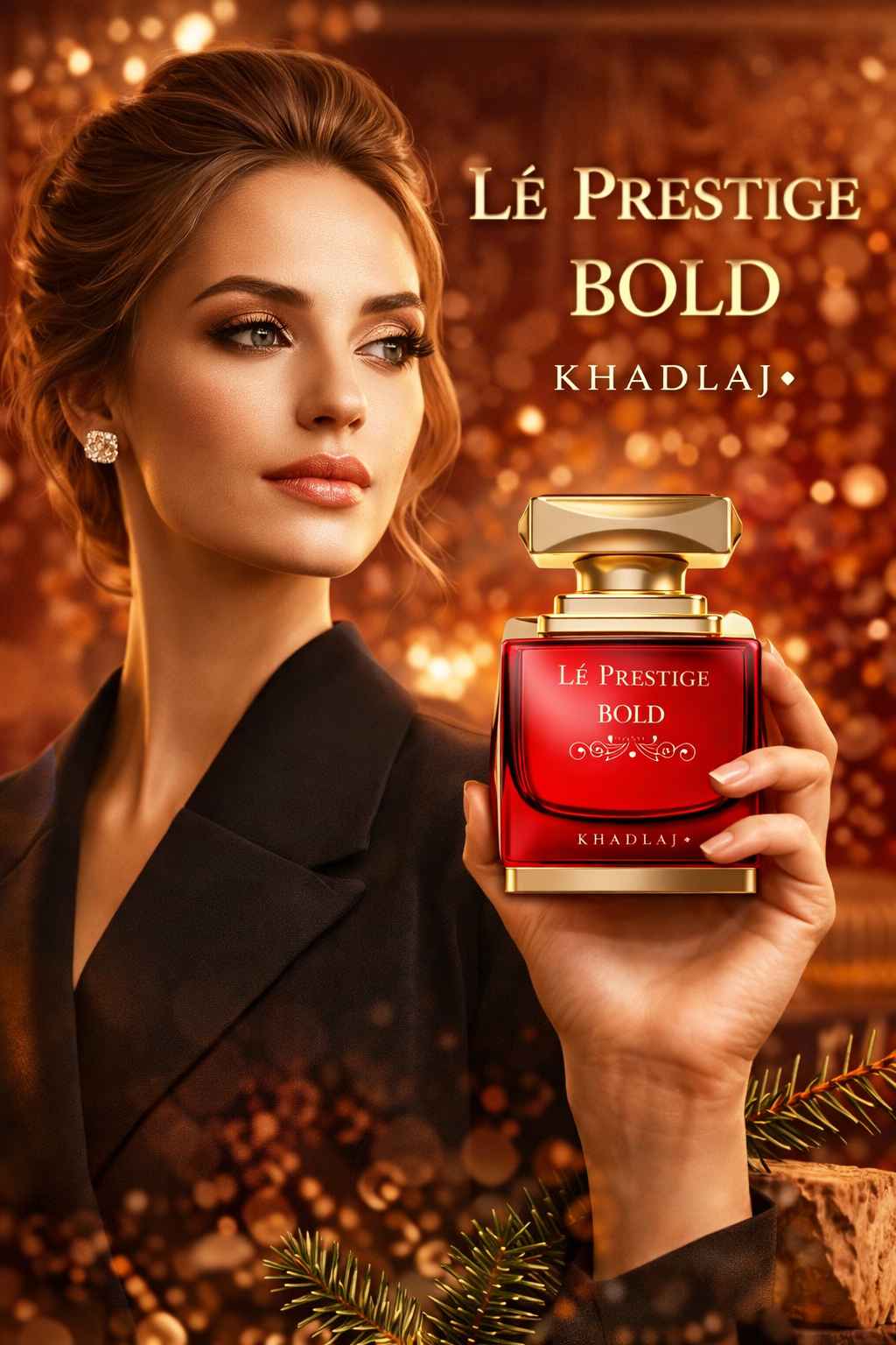 Khadlaj Le Prestige Bold escena publicitaria con modelo en ambiente cálido
