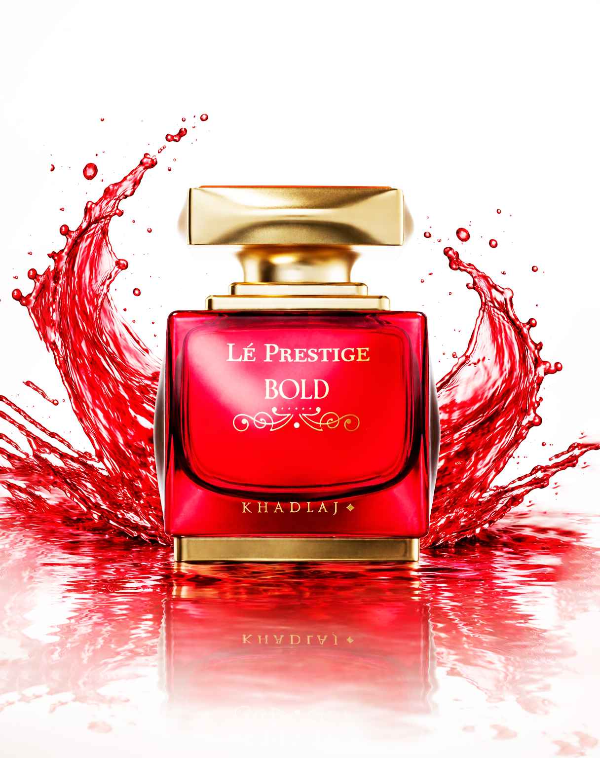 Khadlaj Le Prestige Bold frasco con efecto líquido en movimiento tonos crema