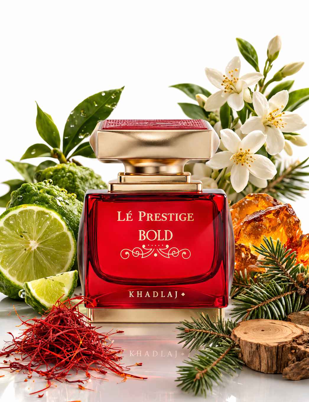 Khadlaj Le Prestige Bold composición con especias y elementos naturales alrededor
