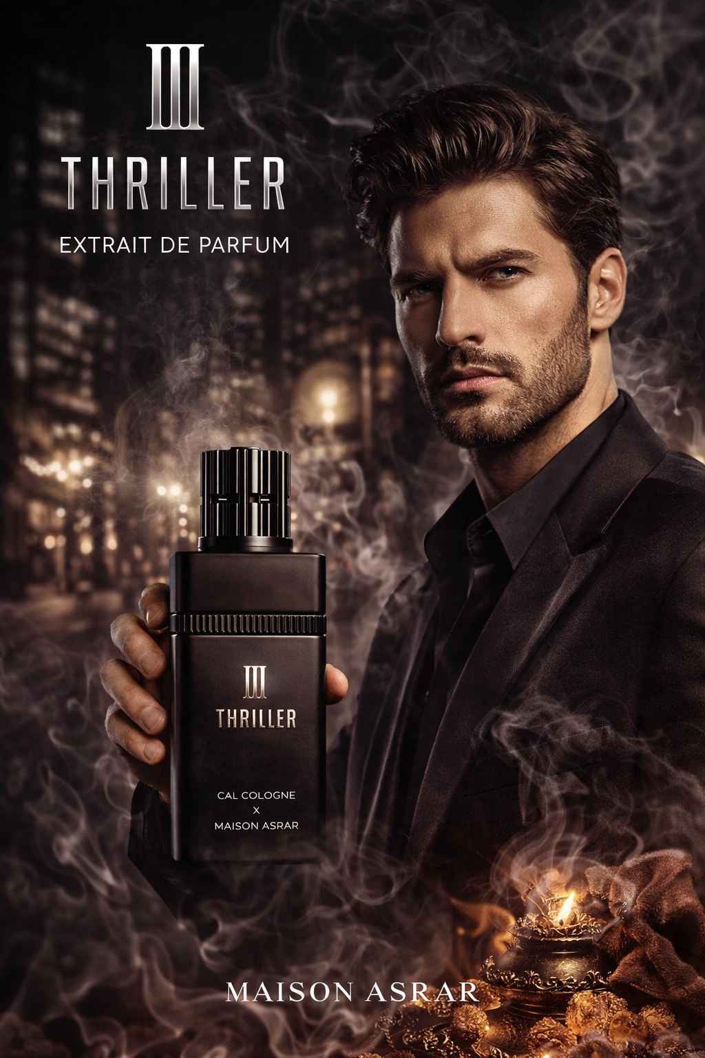 Maison Asrar III Thriller campaña publicitaria con modelo en entorno nocturno sofisticado