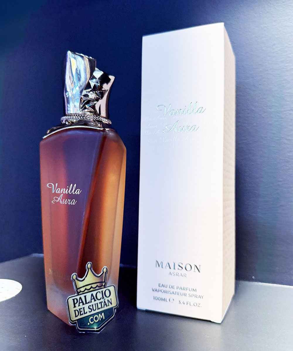 Maison Asrar Vanilla Aura producto real capturado en estudio con iluminación suave