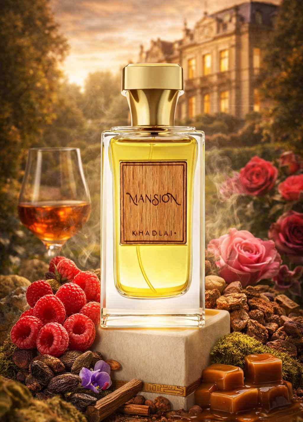 Khadlaj Mansion escena con fruta roja, caramelo y madera en ambiente natural