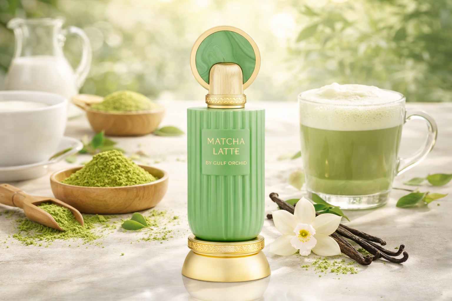 Matcha Latte Gulf Orchid botella rodeada de té verde y crema en escena natural