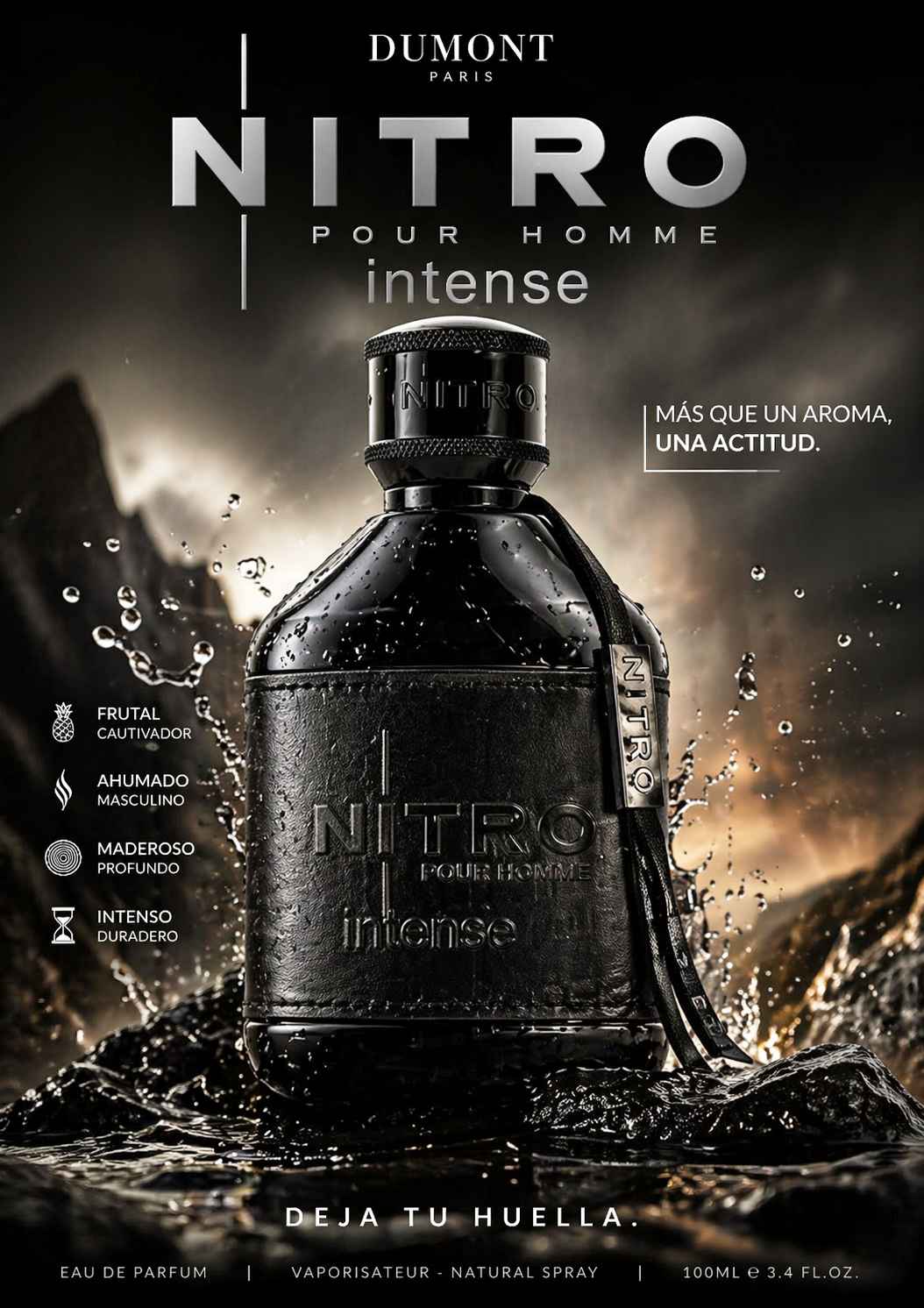 Dumont Nitro Intense imagen publicitaria con modelo masculino vestido de noche