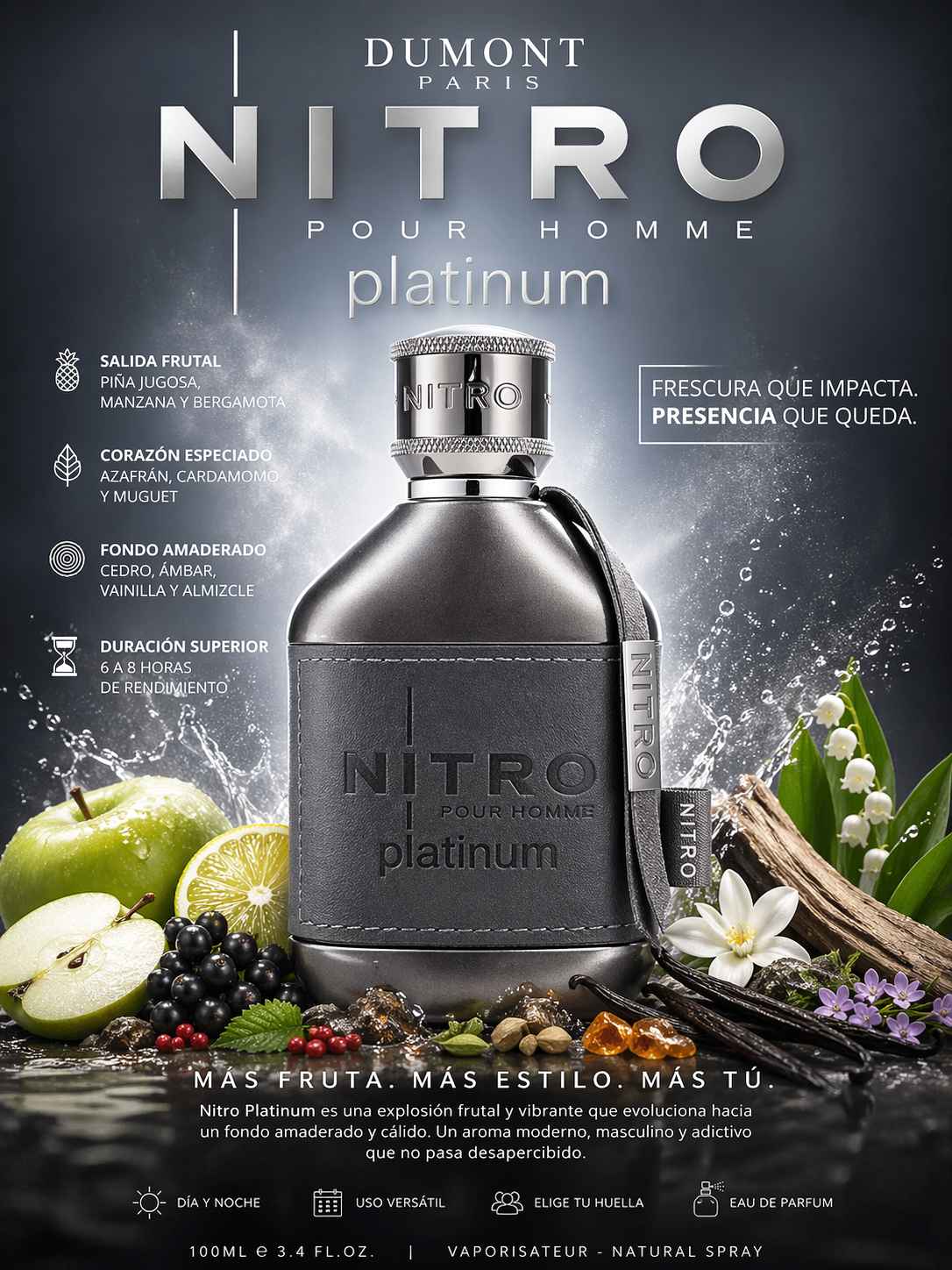 Dumont Nitro Platinum cartel publicitario con modelo masculino y ambiente urbano de noche