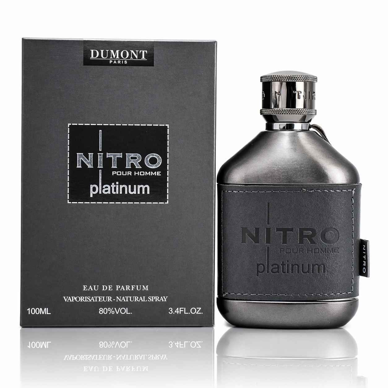 Dumont Nitro Platinum presentación catálogo con caja y frasco sobre fondo claro limpio