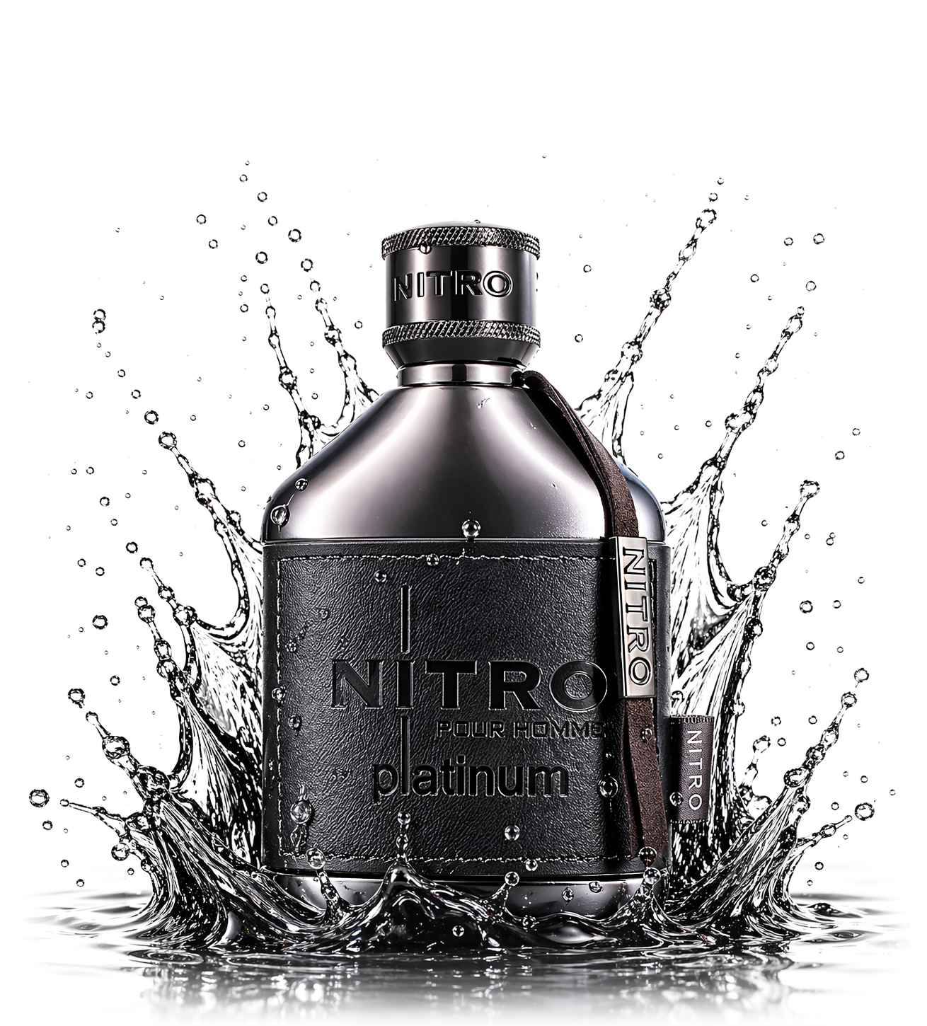 Dumont Nitro Platinum splash de líquido brillante rodeando el frasco en estudio blanco