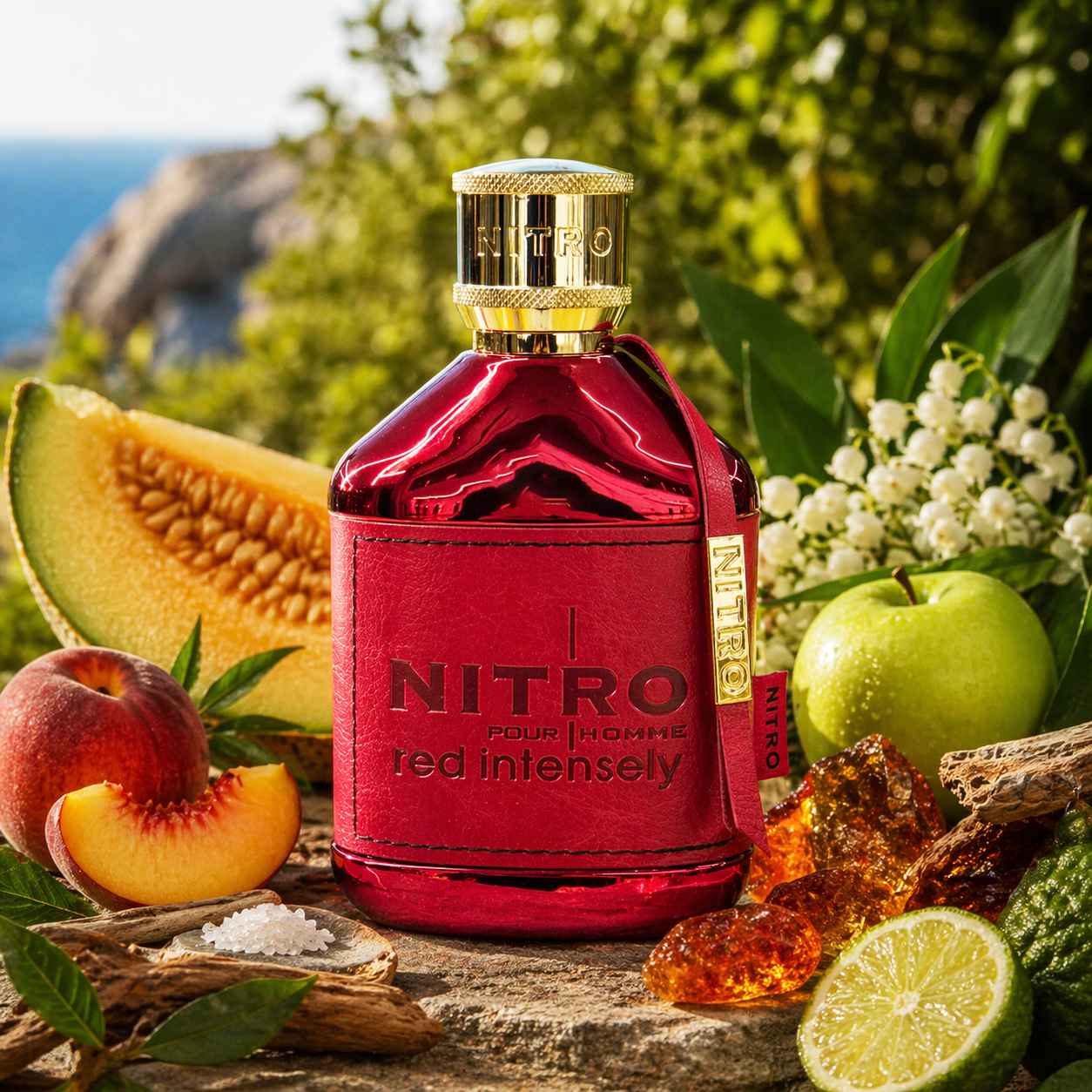 Dumont Nitro Red Intensely composición con frutas y madera en ambiente natural