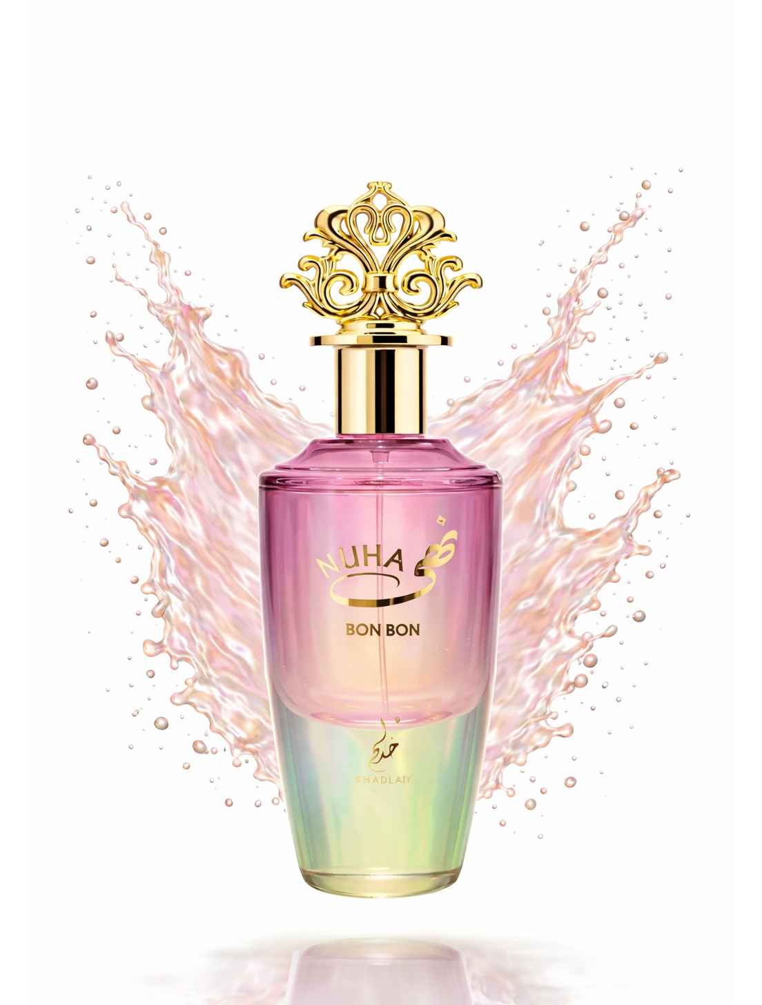 Khadlaj Nuha Bon Bon frasco con líquido en movimiento splash dulce color rosado