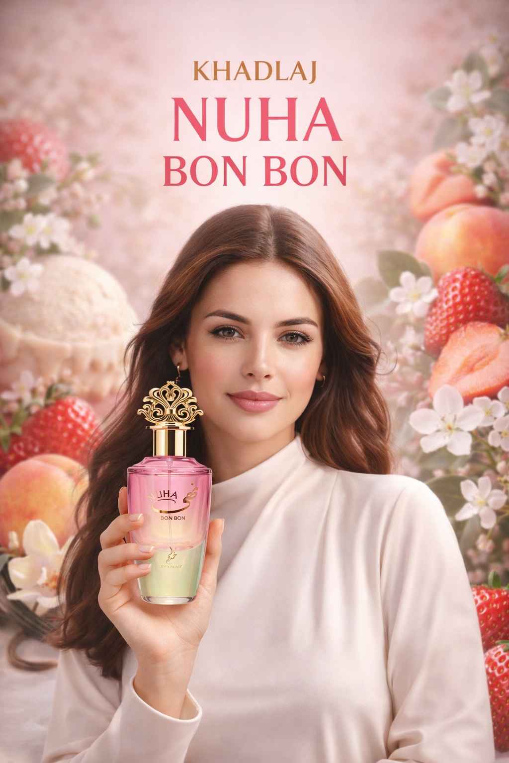 Khadlaj Nuha Bon Bon modelo vestida sosteniendo perfume en ambiente femenino moderno
