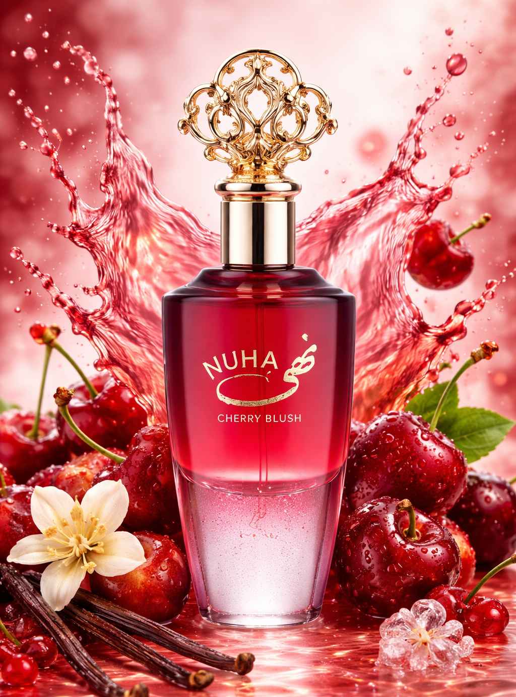 Khadlaj Strawberry Shake primer plano del cristal y detalles decorativos del tapón