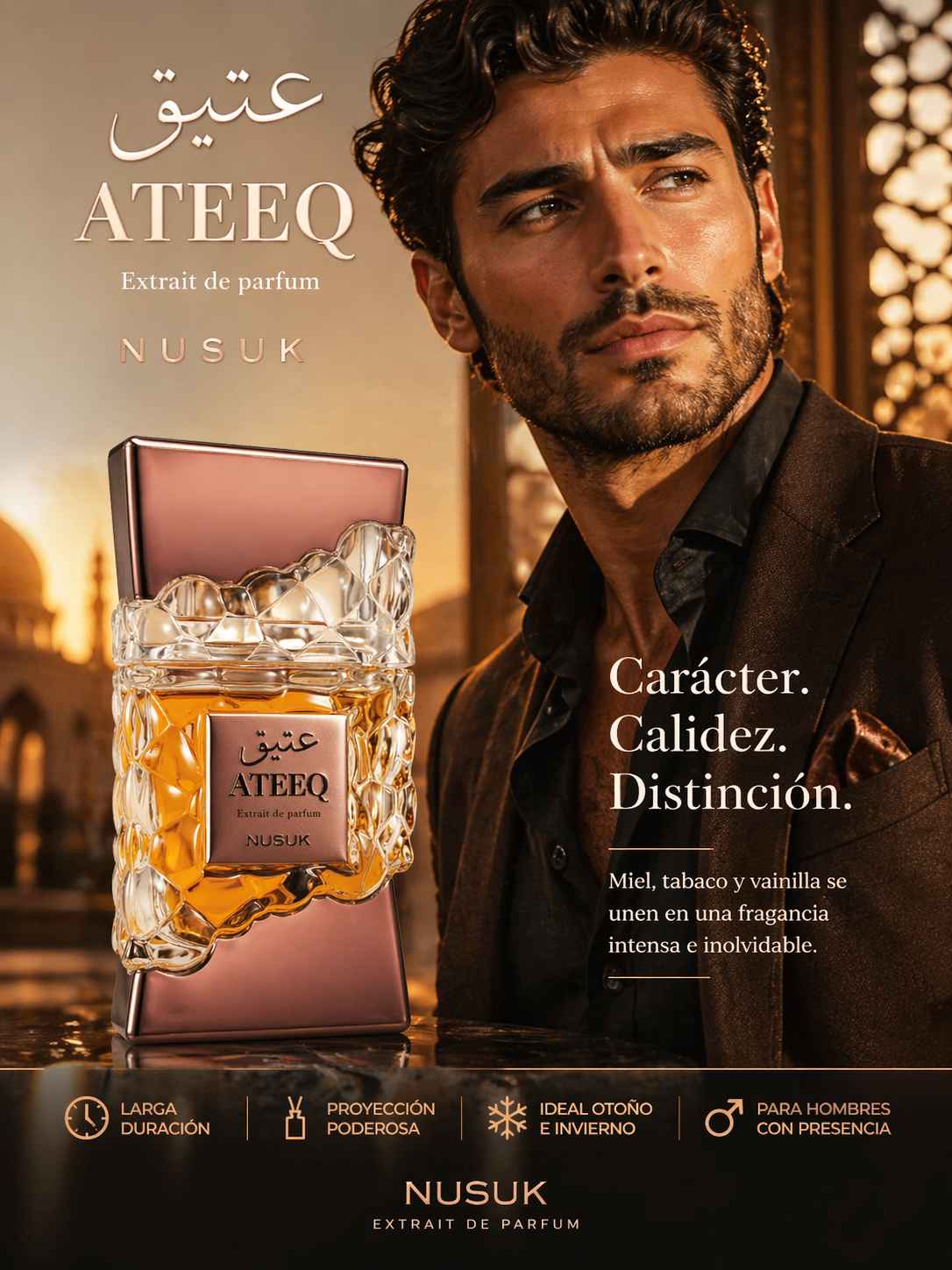 Nusuk Ateeq anuncio con modelo masculino en ambiente nocturno sofisticado