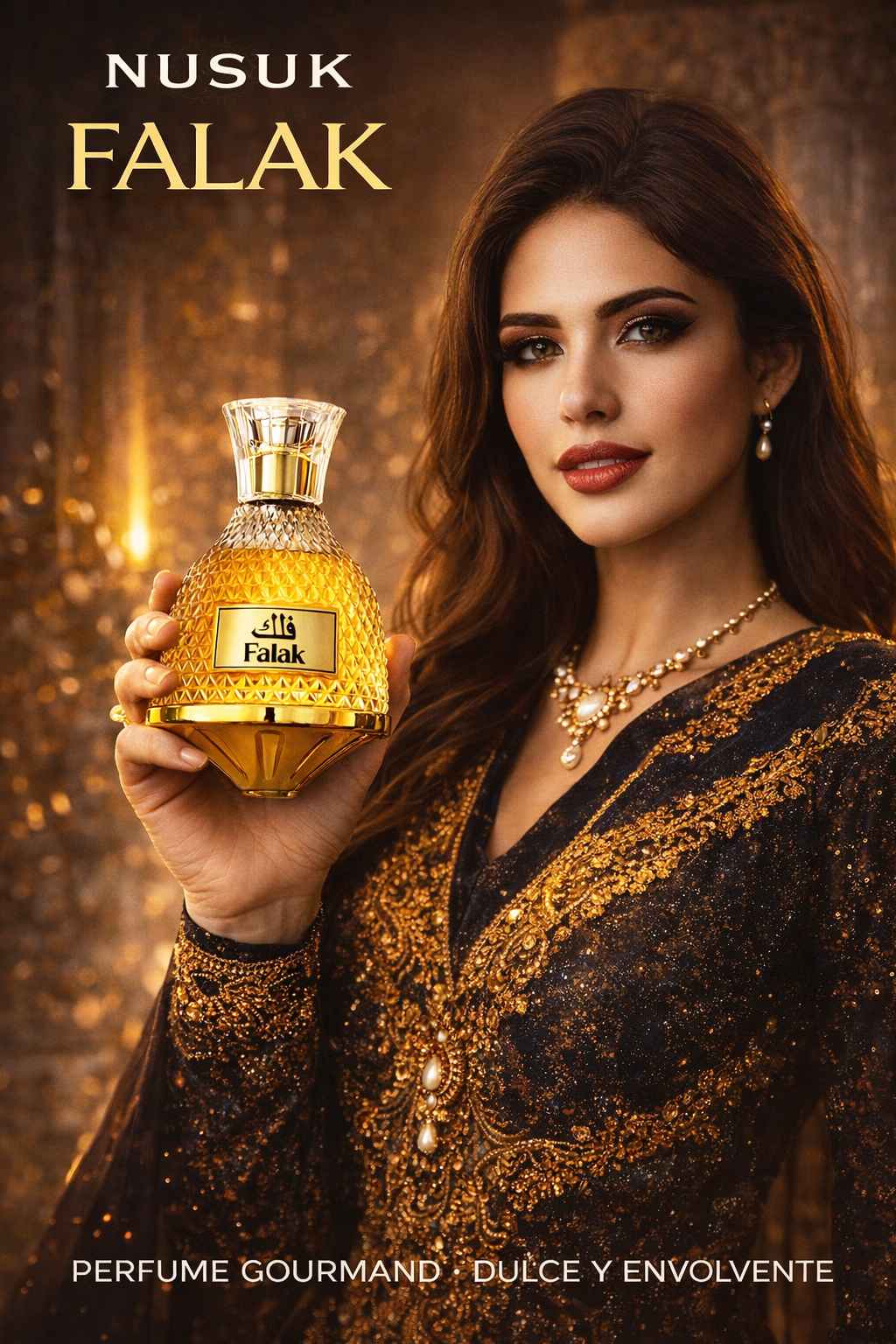 Nusuk Falak perfume con modelo en ambiente elegante y oscuro nocturno