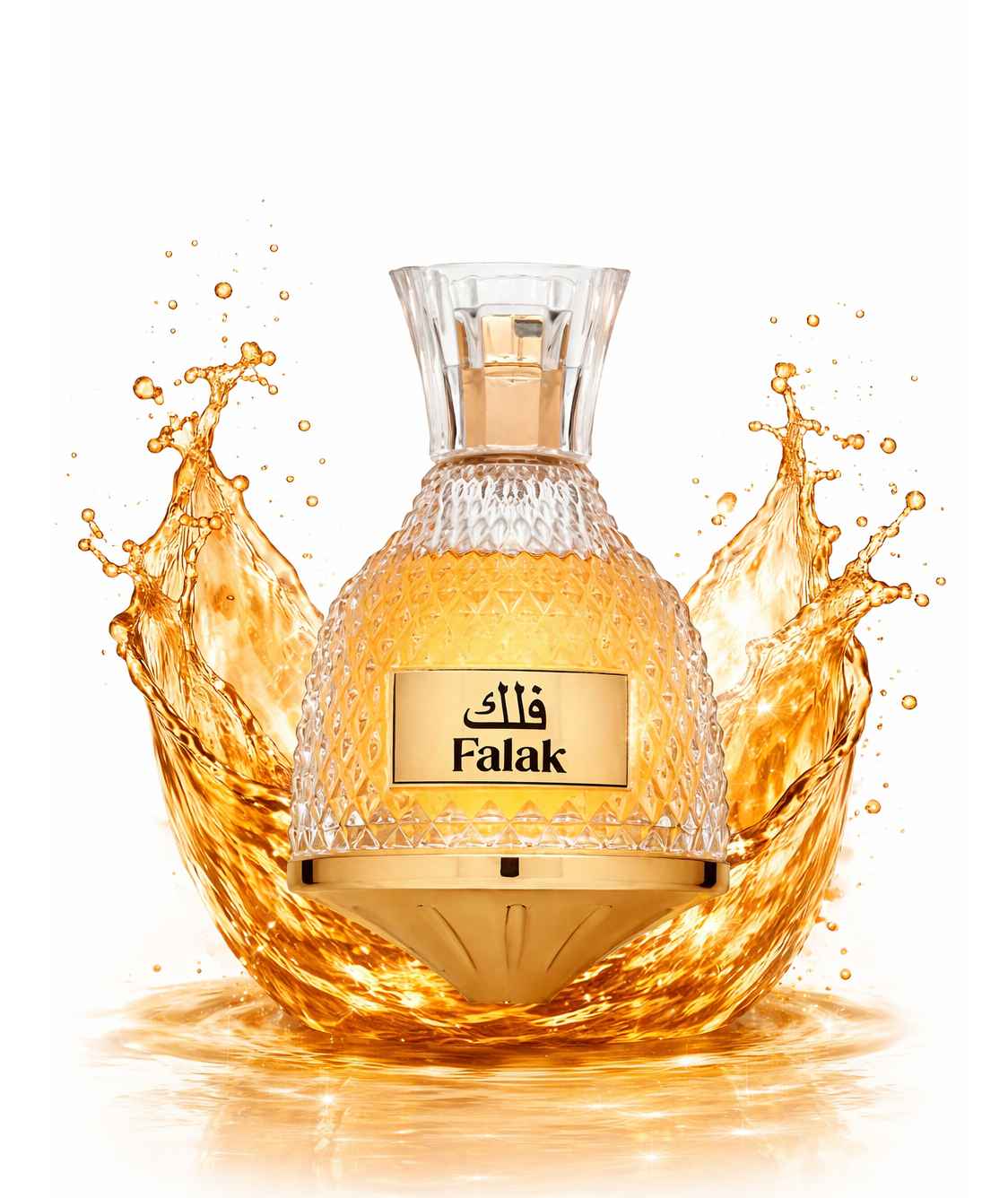 Nusuk Falak perfume con frasco rodeado de líquido en movimiento tipo splash
