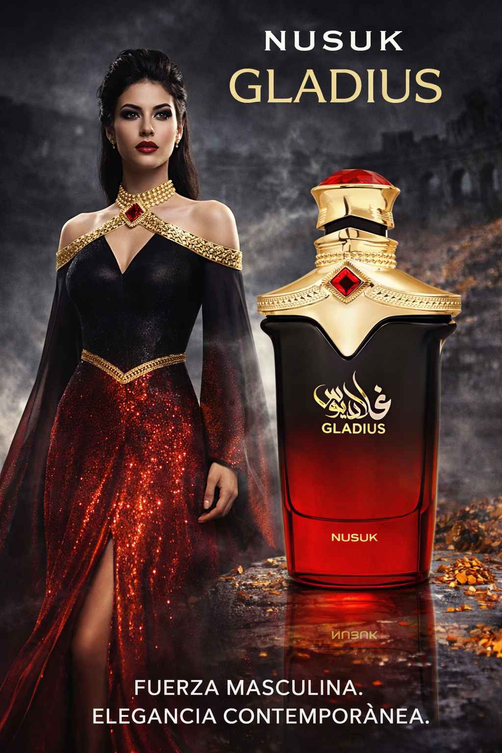 Nusuk Gladius perfume con modelo femenino en ambiente nocturno elegante