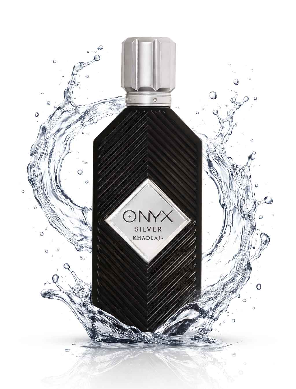 Khadlaj Onyx Silver frasco con líquido en movimiento tipo splash sobre fondo claro brillante