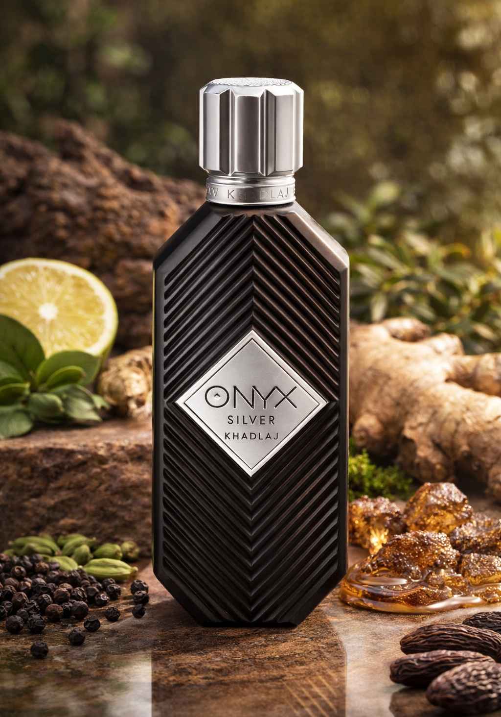 Khadlaj Onyx Silver rodeado de especias, cítricos y resinas en composición natural realista
