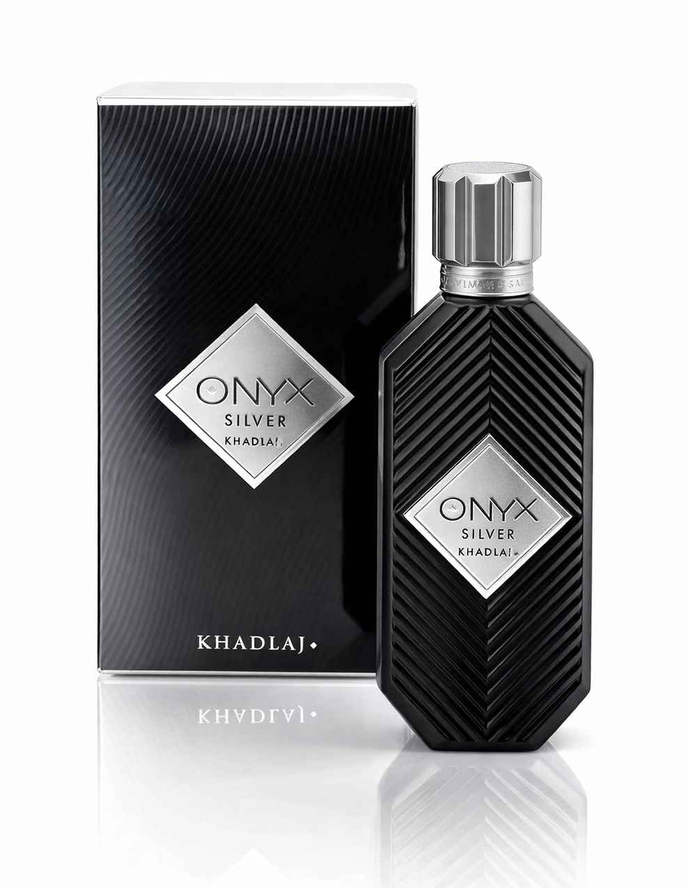 Khadlaj Onyx Silver presentación completa con caja y botella en imagen limpia tipo catálogo