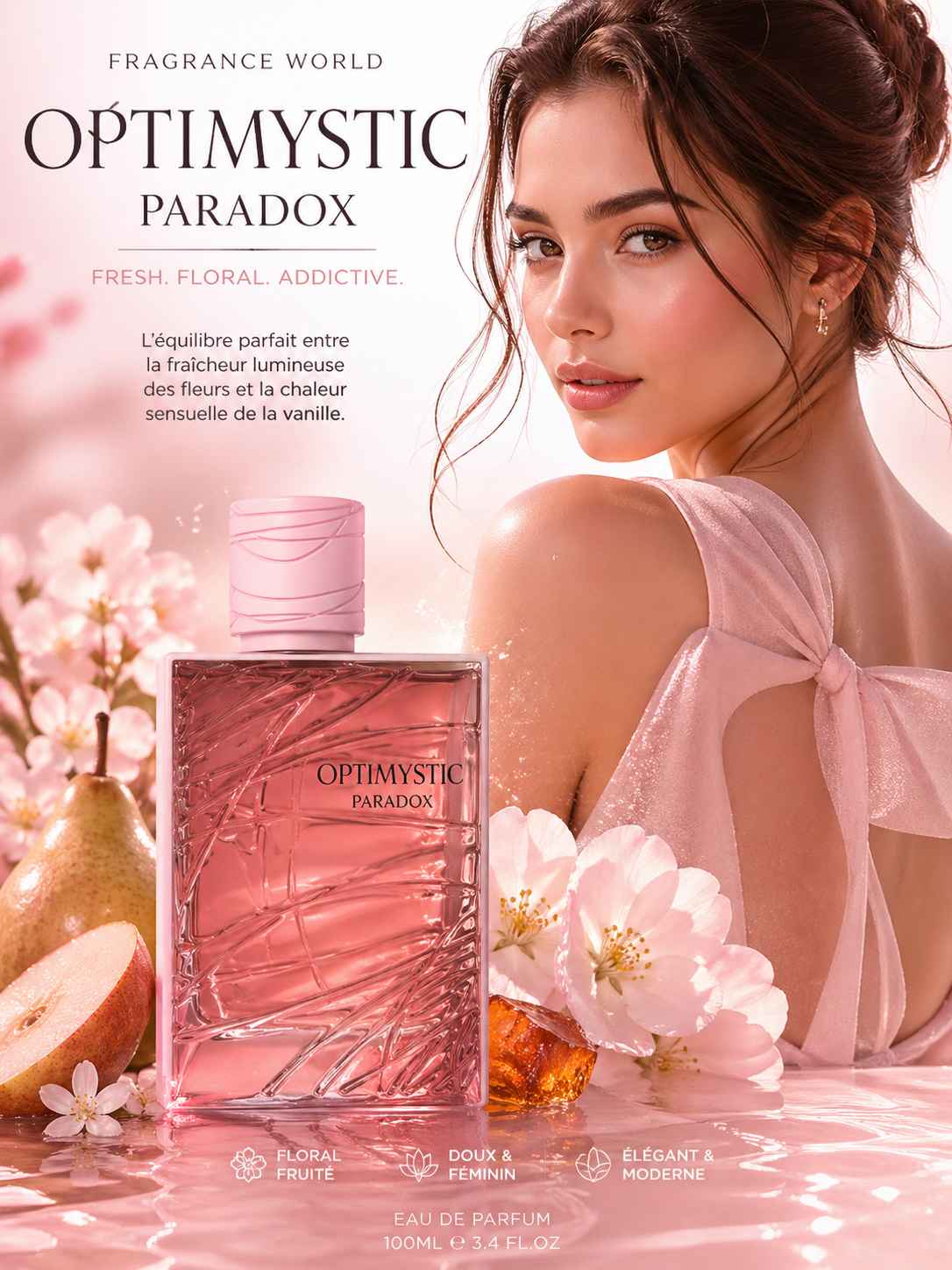 Fragrance World Optimystic Paradox campaña publicitaria con modelo femenina moderna.