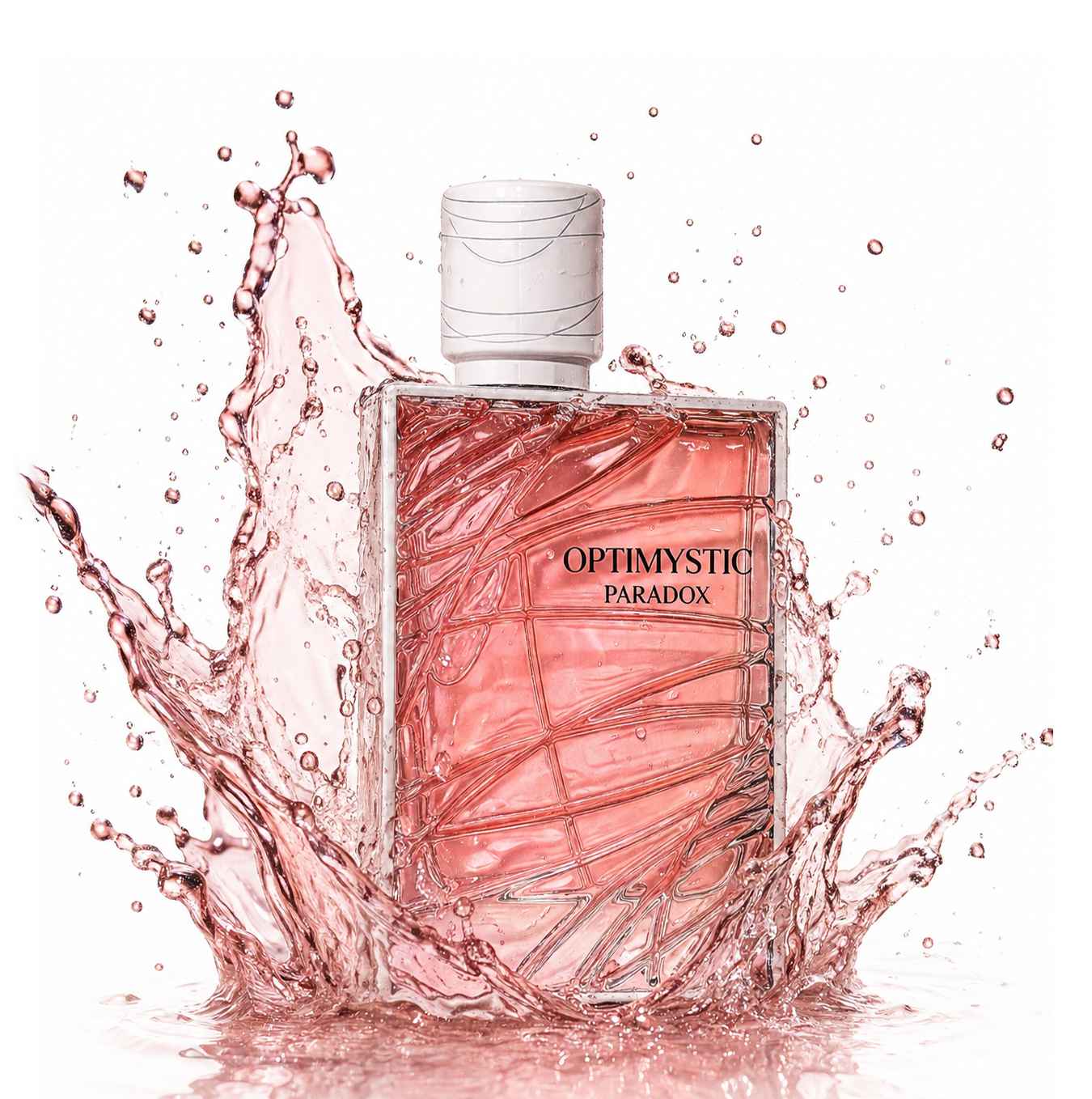 Fragrance World Optimystic Paradox con líquido en movimiento en tonos suaves