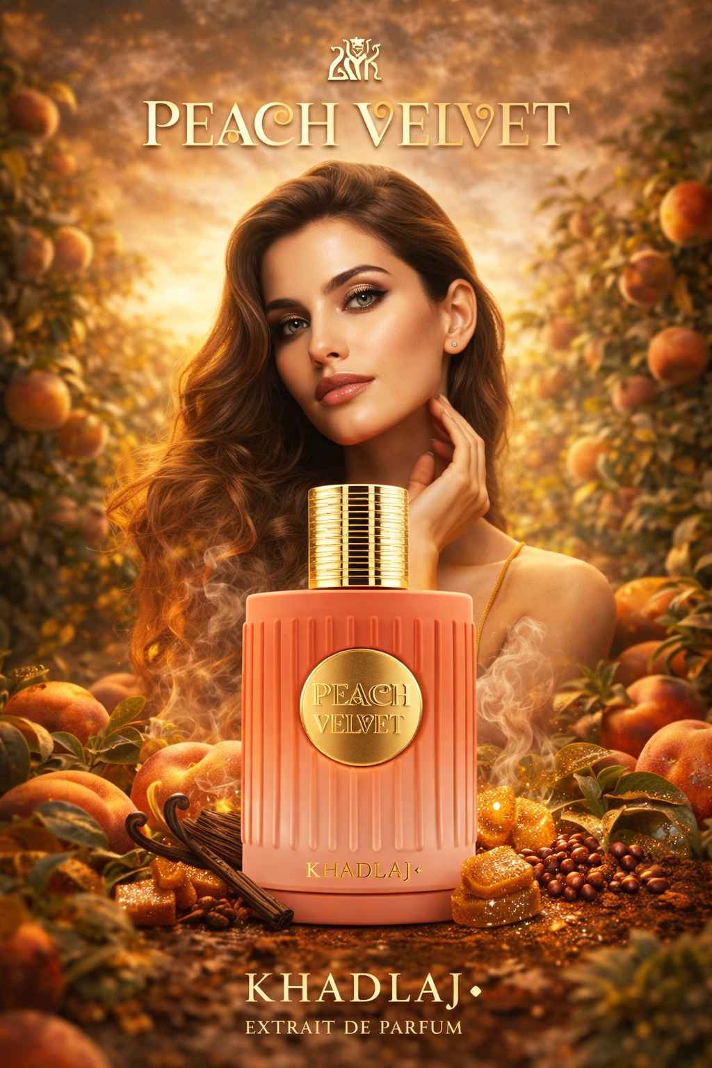 Khadlaj Peach Velvet composición publicitaria con modelo femenina y estética gourmand cálida