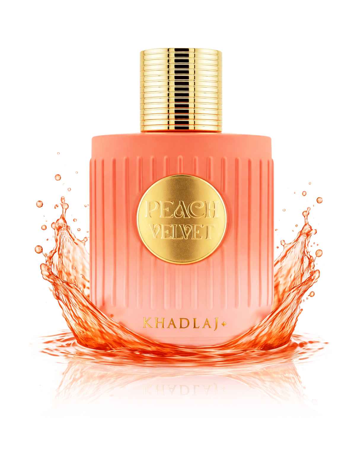 Khadlaj Peach Velvet frasco con líquido en movimiento en tono melocotón dorado