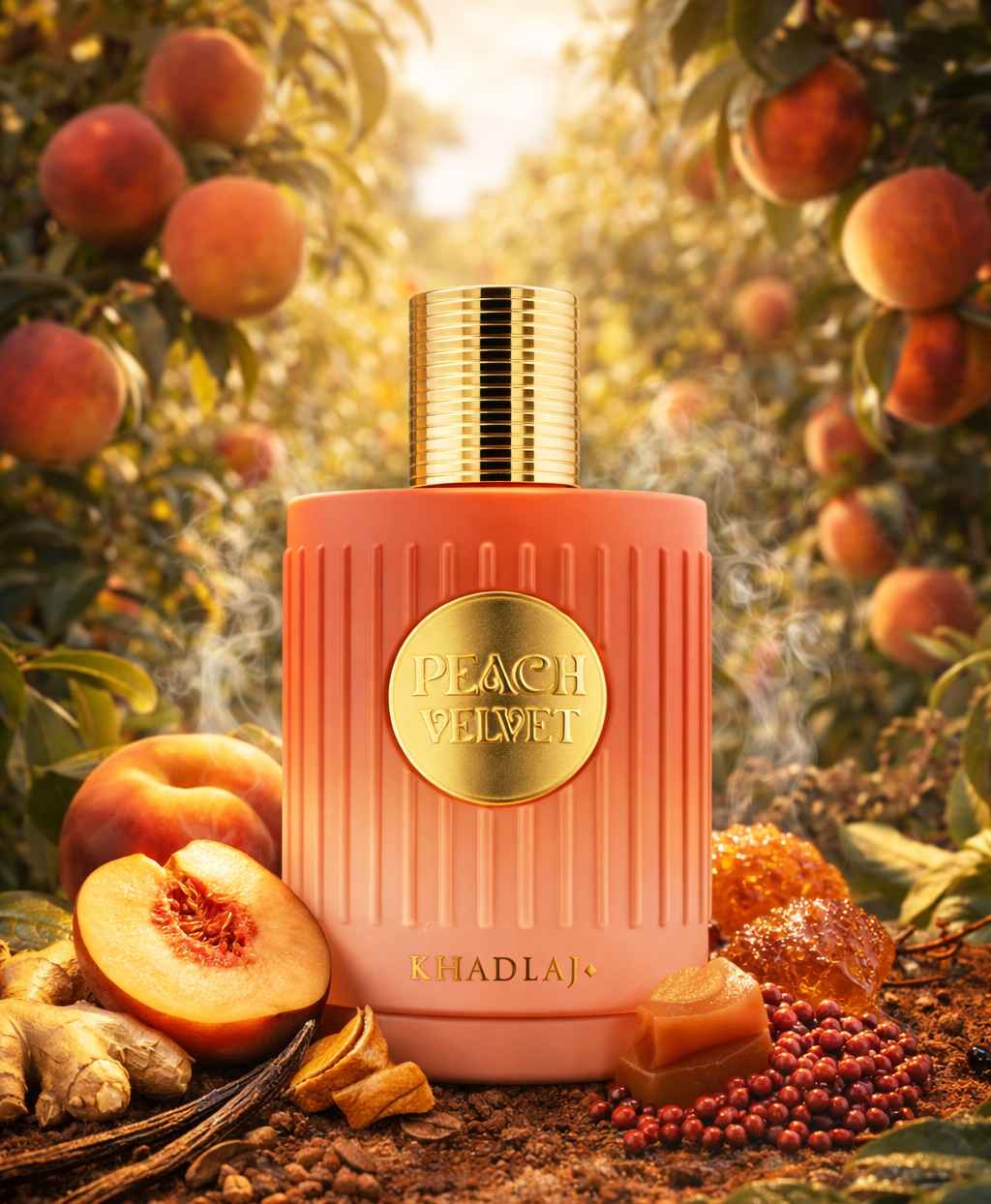 Khadlaj Peach Velvet escena con melocotón, vainilla y caramelo en entorno natural