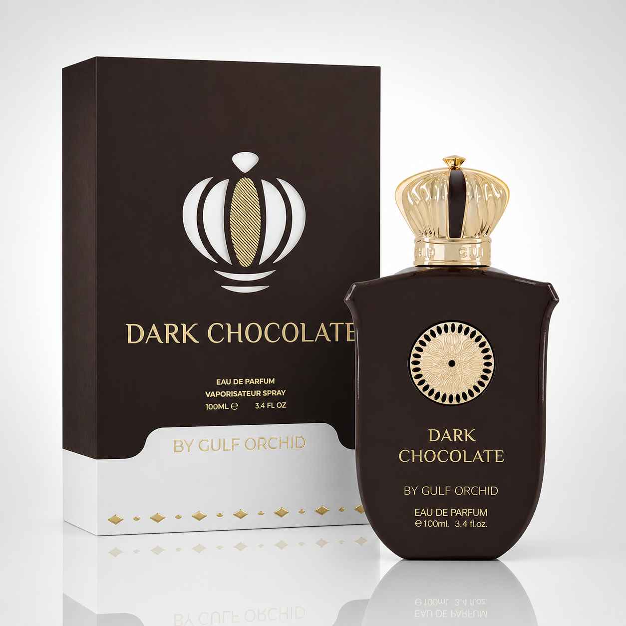 Gulf Orchid Dark Chocolate composición creativa con elementos dulces y fondo iluminado
