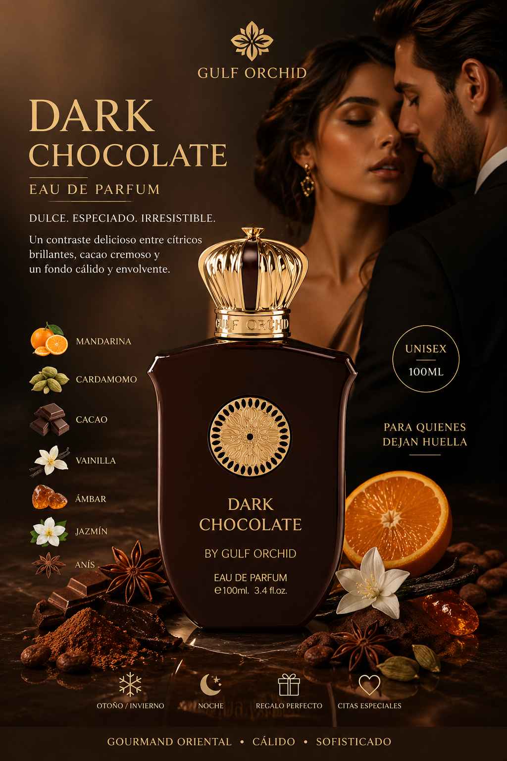 Gulf Orchid Dark Chocolate composición publicitaria con modelo en ambiente cálido y sugerente