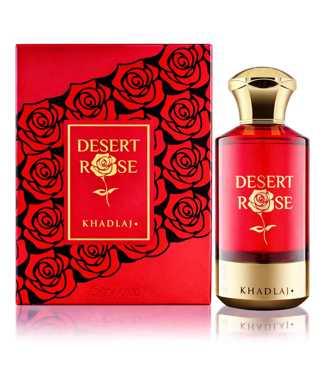 Khadlaj Desert Rose presentación en estudio con caja y botella en imagen limpia