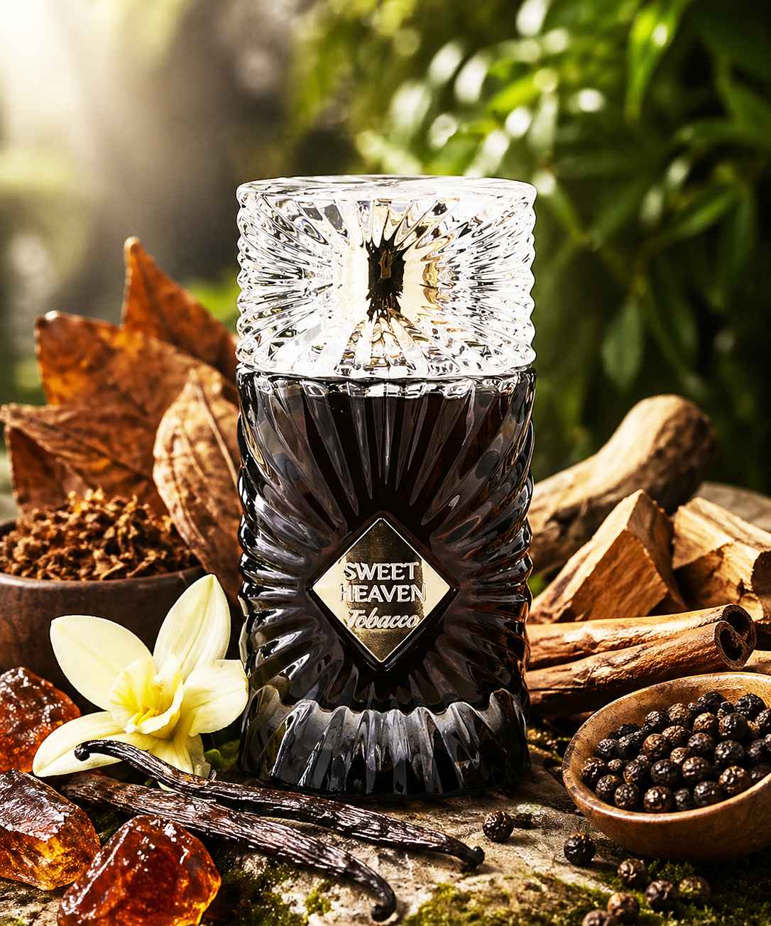 Gulf Orchid Sweet Heaven Tobacco escena natural con vainilla y tabaco en ambiente elegante