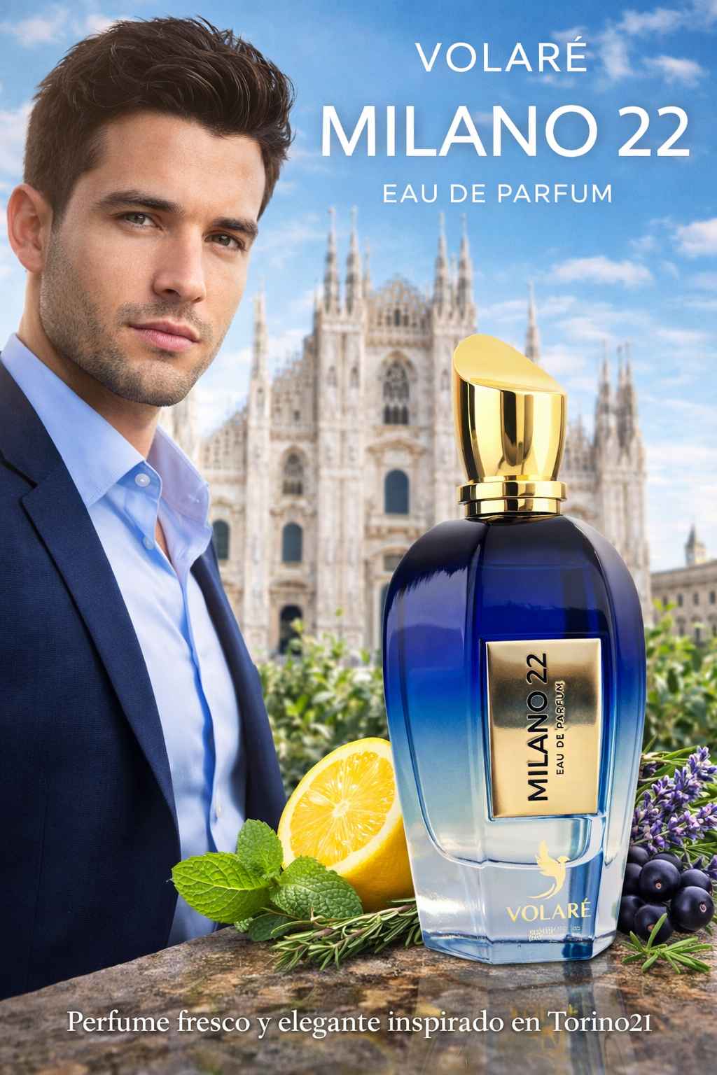 Volare Milano 22 perfume con modelo en entorno elegante y fresco de día