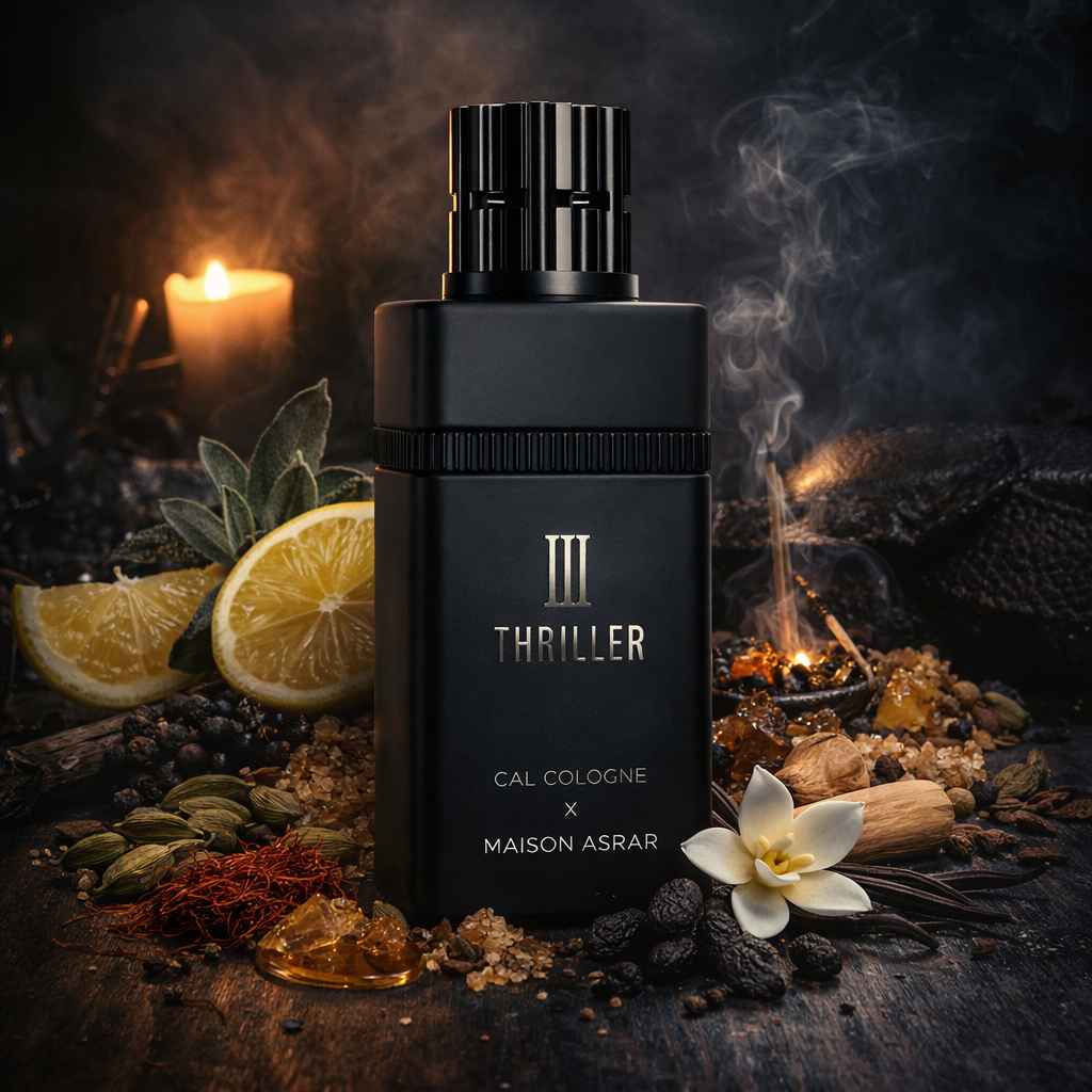 Maison Asrar III Thriller escena con especias y resinas creando ambiente cálido y oscuro