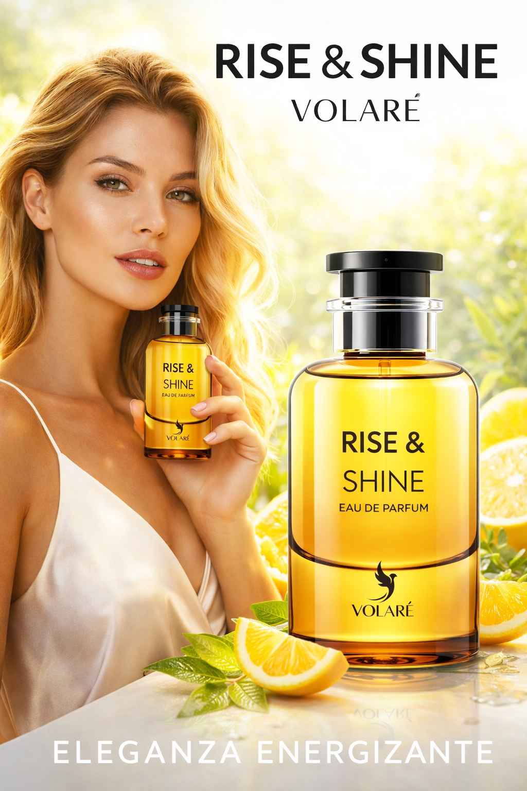 Volaré Rise and Shine perfume con modelo en escena elegante