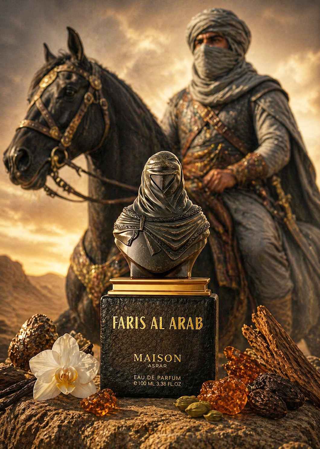 Maison Asrar Faris Al Arab anuncio con modelo y estética árabe contemporánea.