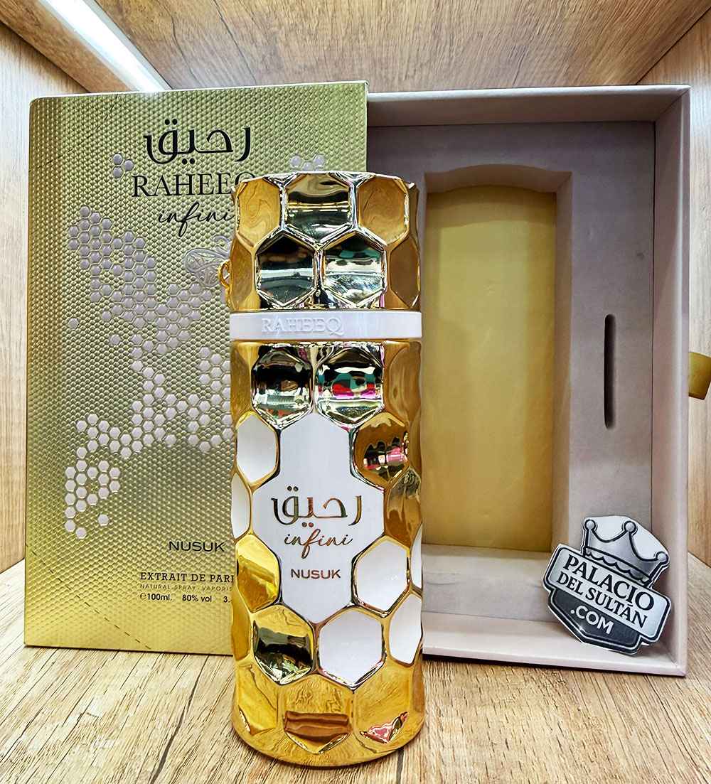 Composición del perfume Raheeq Infini Nusuk con elementos dulces y cálidos
