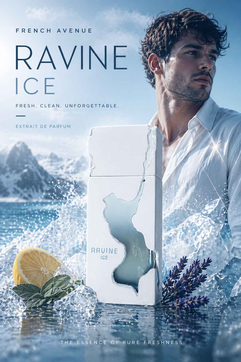French Avenue Ravine Ice composición publicitaria con modelo y estilo moderno fresco