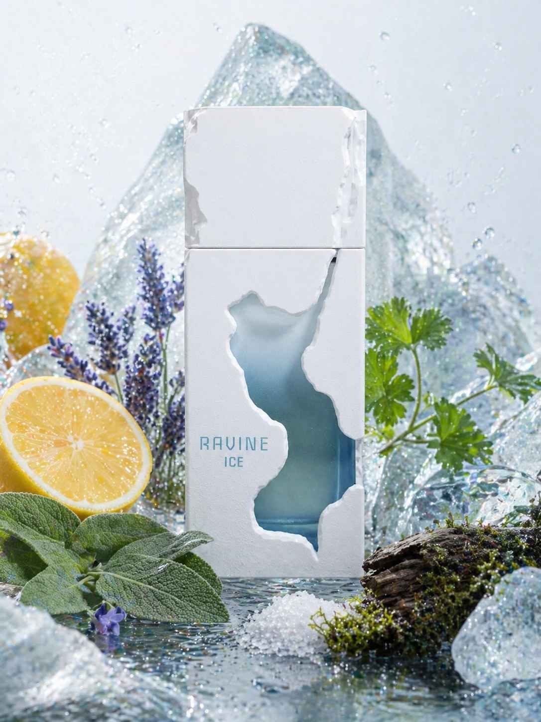 French Avenue Ravine Ice escena con elementos marinos y cítricos en ambiente natural luminoso