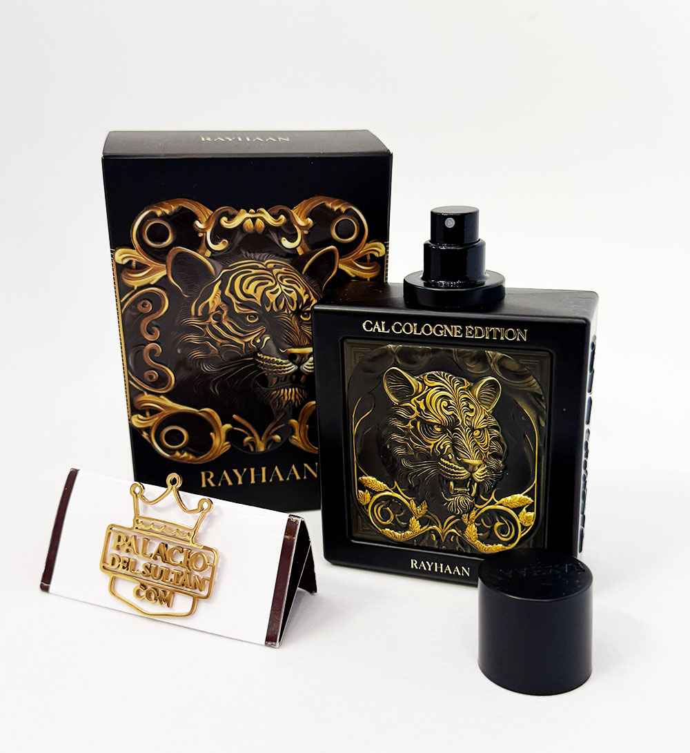 Rayhaan Tiger primer plano del tapón y textura del cristal negro del frasco