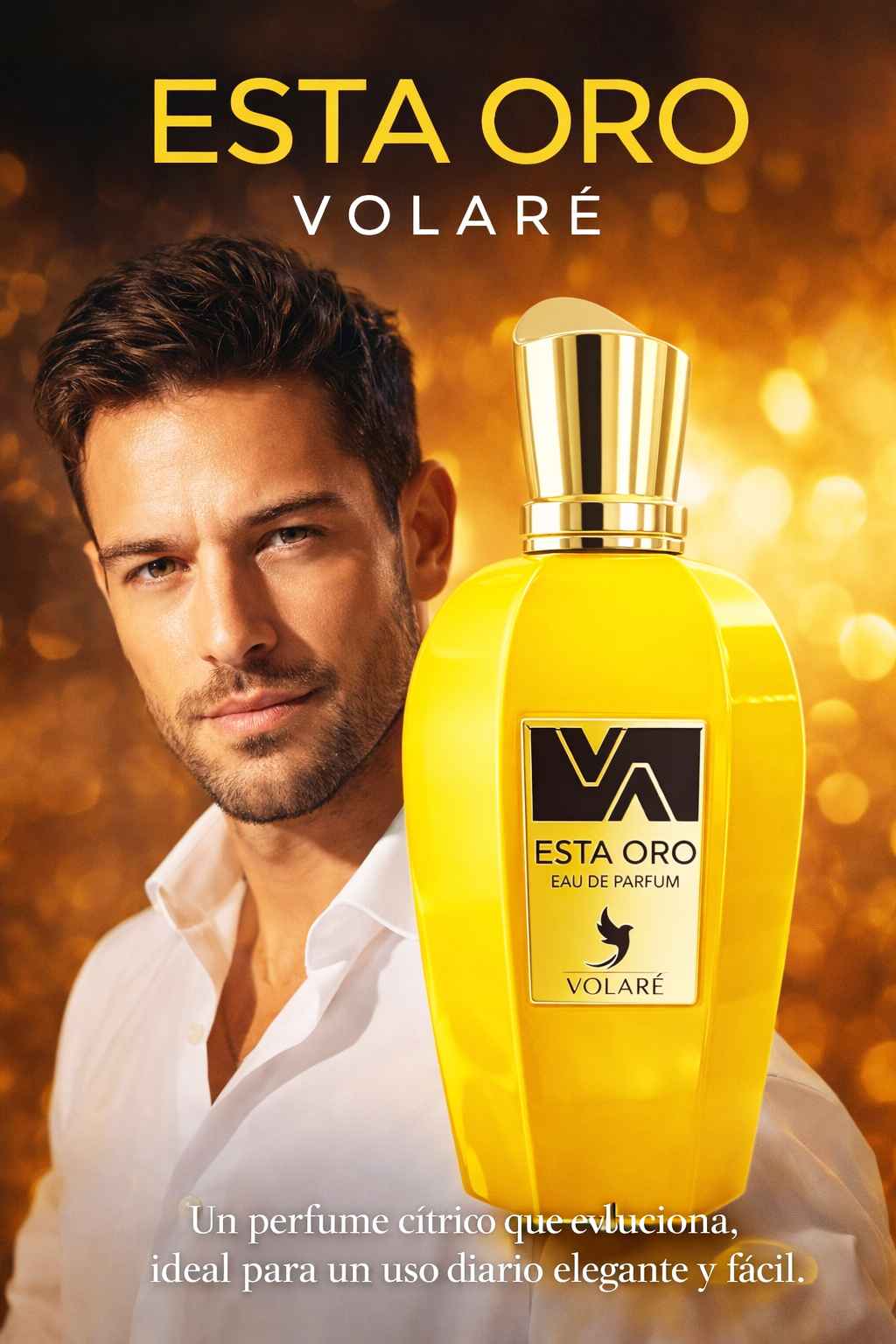 Volare Esta Oro perfume con modelo en entorno elegante de día