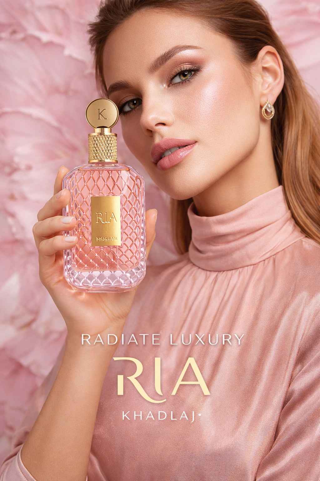 Khadlaj Ria modelo vestida de forma cuidada sujetando el perfume en escena urbana