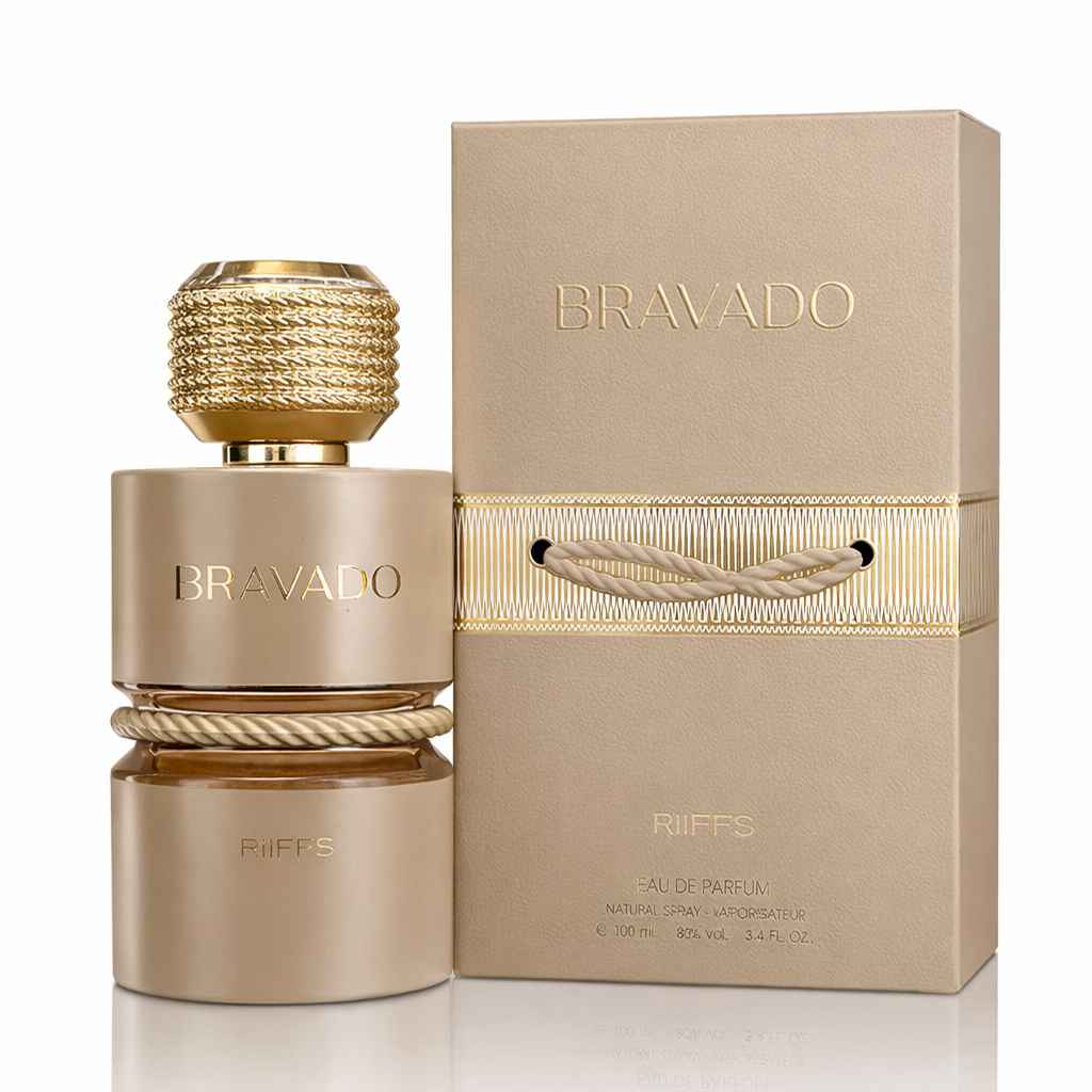 Perfume Riiffs Bravado 100 ml sobre fondo elegante con iluminación cálida