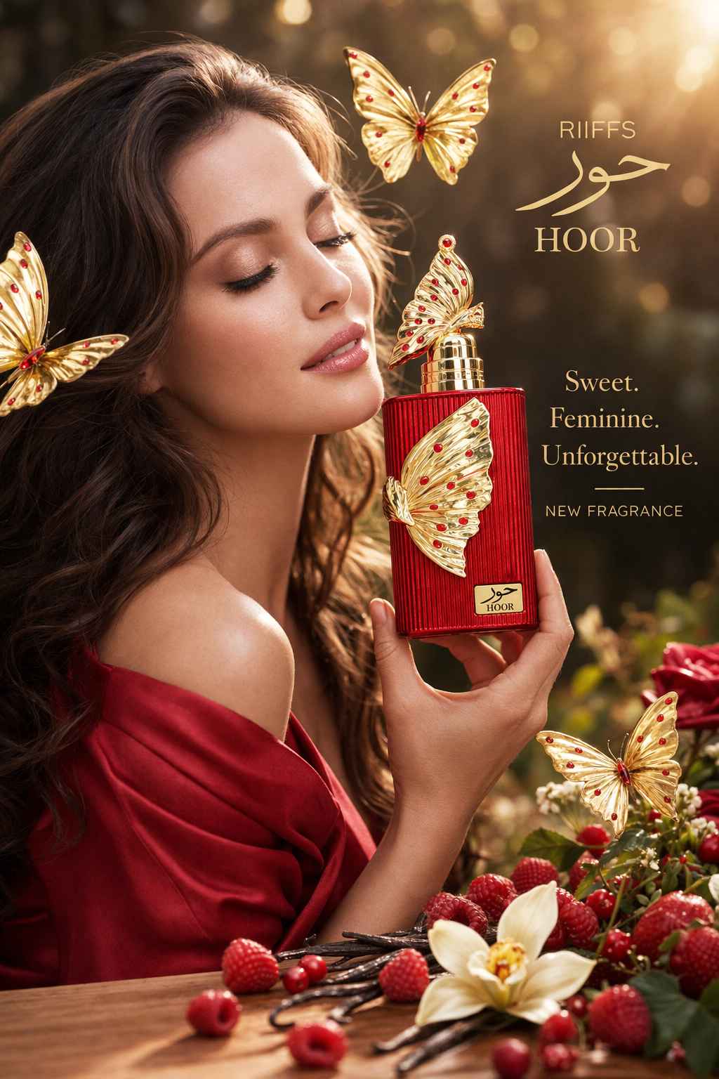 Riiffs Hoor perfume mostrado con mujer en ambiente nocturno con estilo moderno