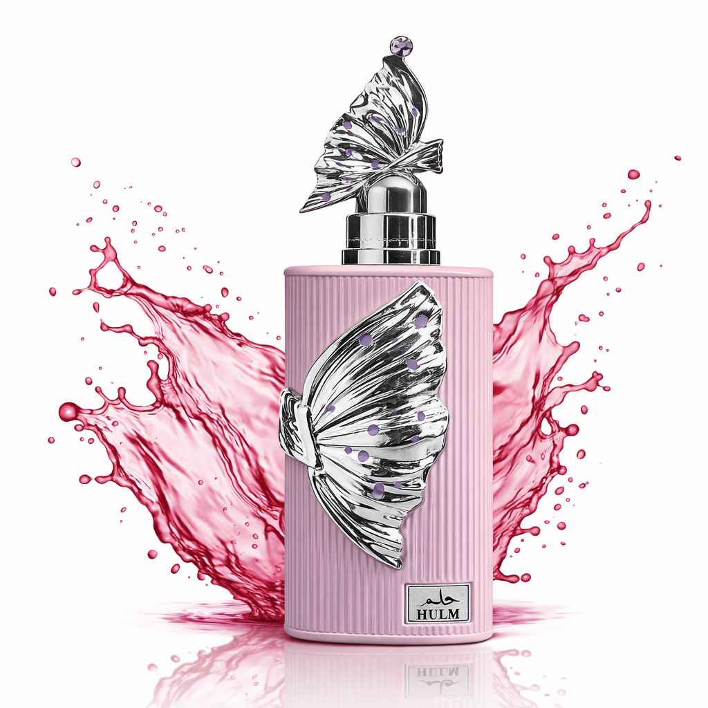 Perfume Riiffs Hulm con líquido en movimiento tipo splash sobre fondo blanco limpio