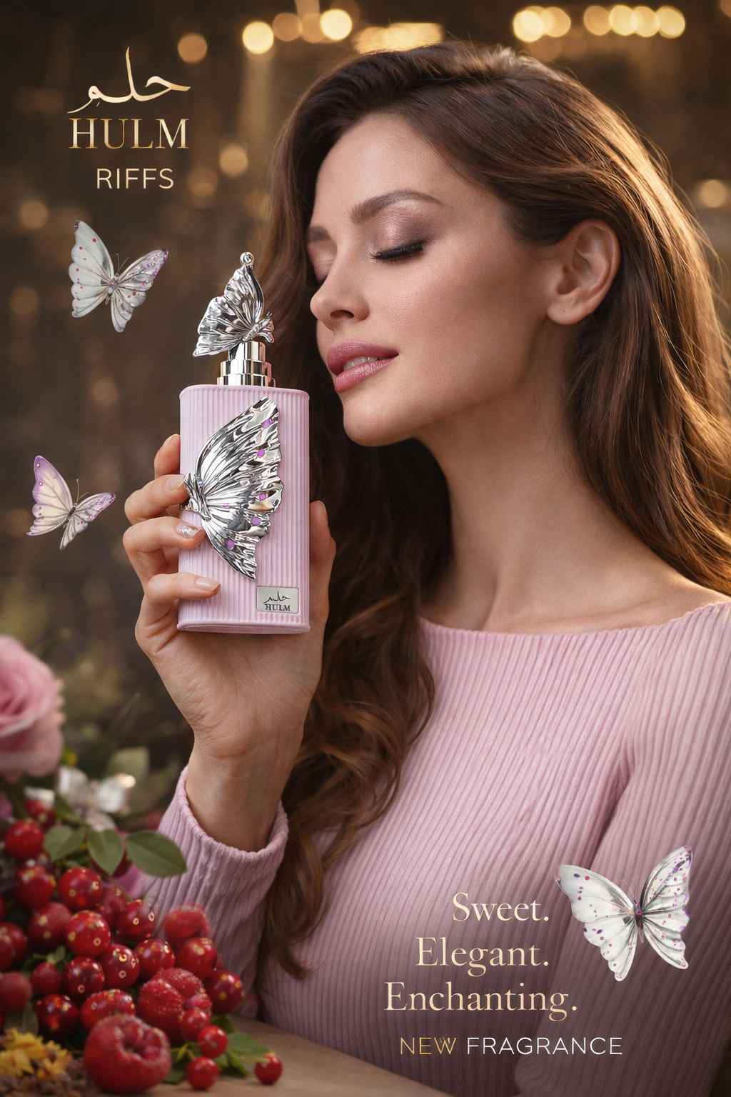 Composición del perfume Riiffs Hulm con elementos naturales y luz suave